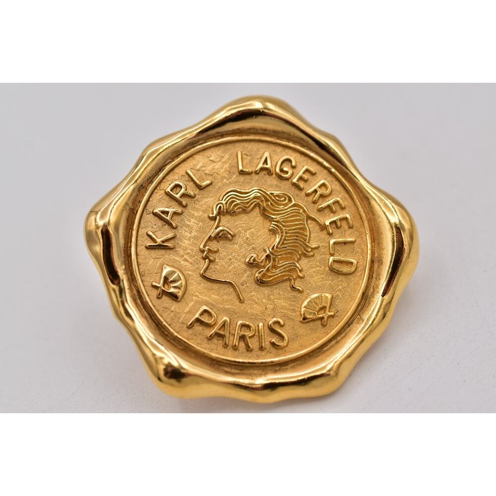 Karl Lagerfeld Vintage Logo Seal Clip On Earrings Paris Medallion Gold 80s Bin5 - Picture 10 of 12